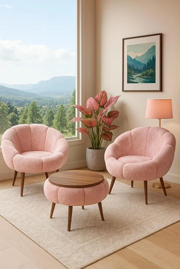 LİDA Pembe Wellsoft Peluş Kumaş İkili Berjer Seti ÖZEL SEHPALI (Salon,Balkon,Ofis)